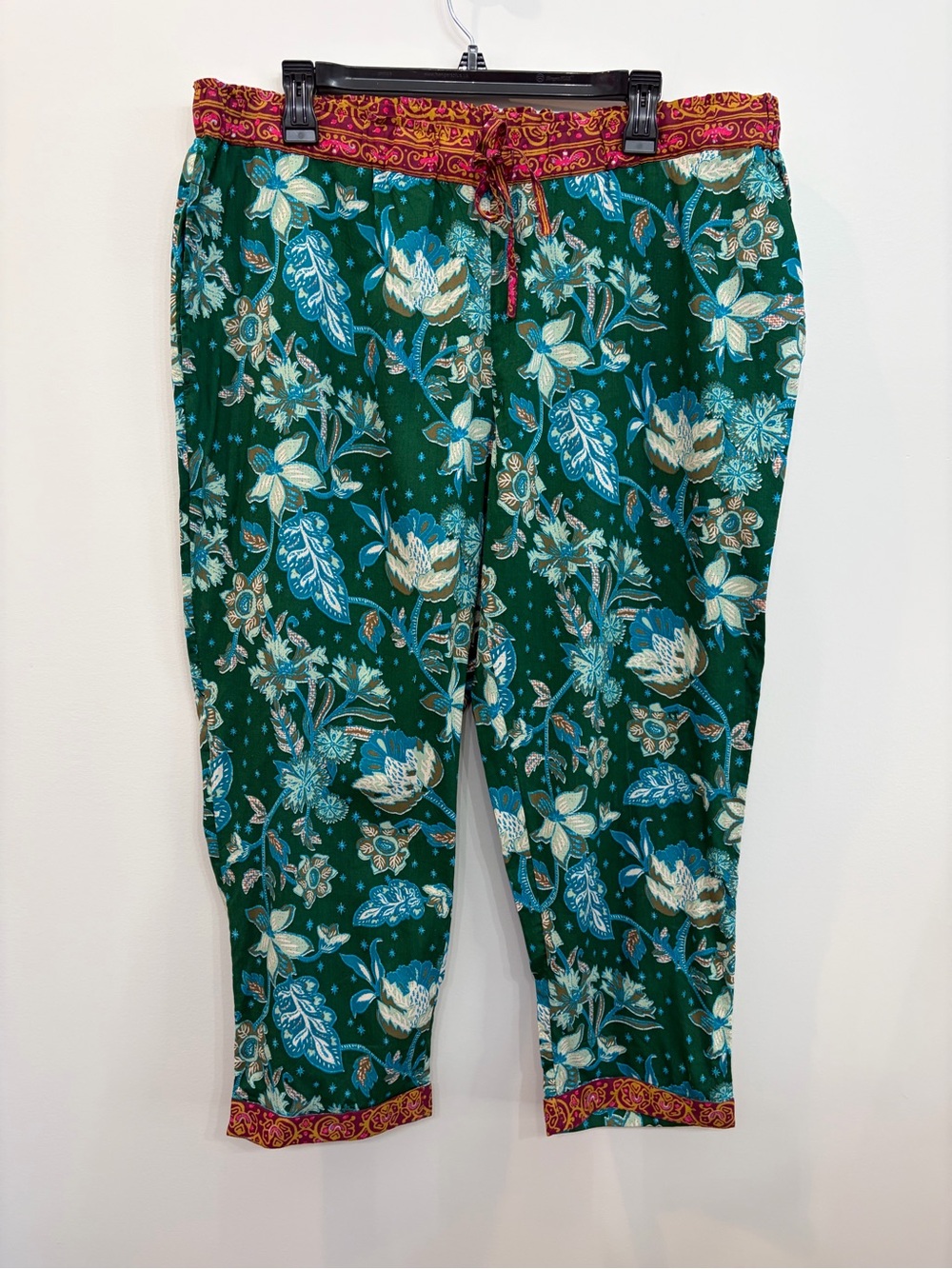 Sundance Leia Floral Print Cropped Cuffed Drawstring Pants Green Cotton Size L